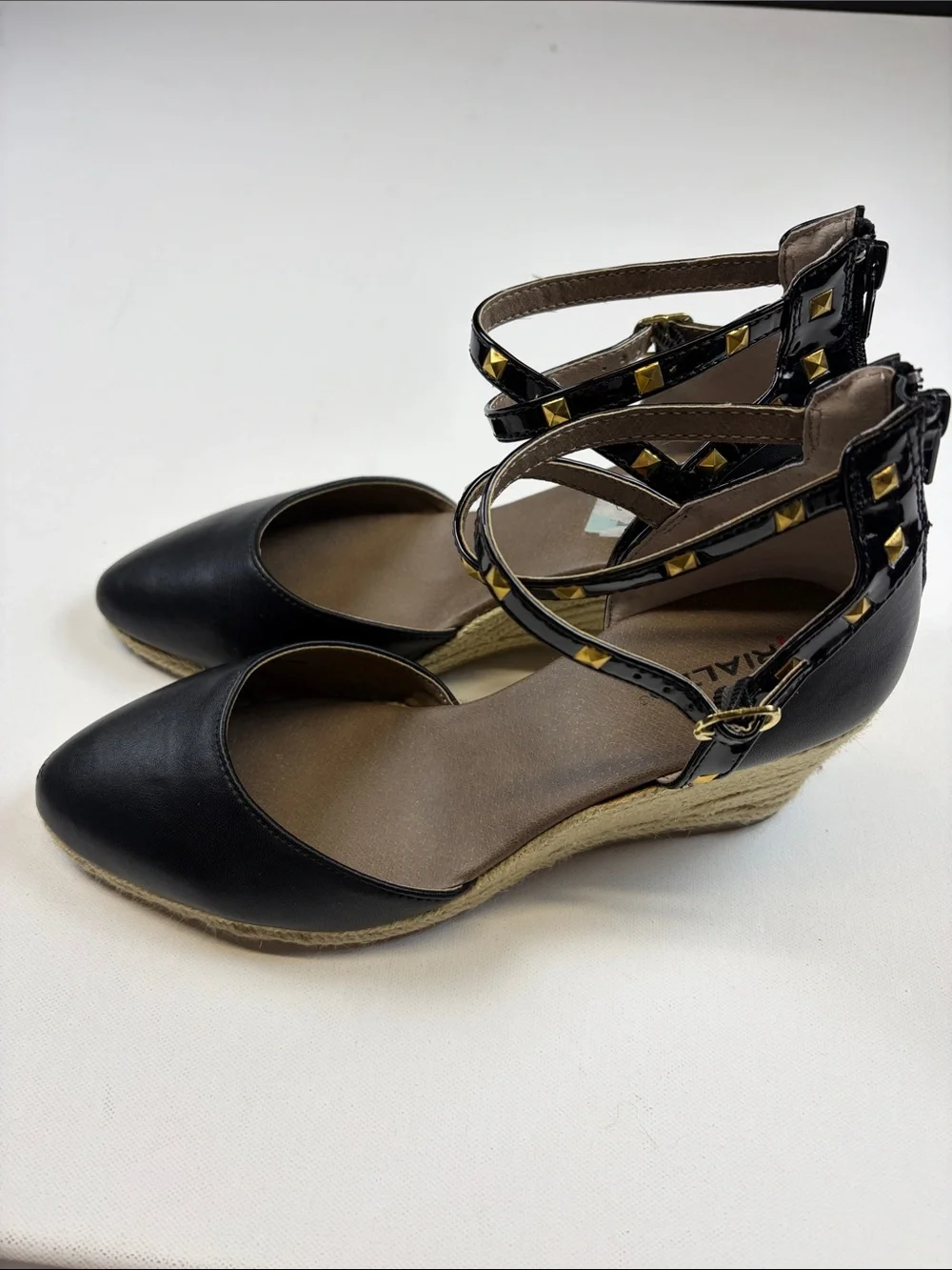 RIALTO BLACK STUDDED ESPADRILLE WEDGE PUMPS POINTED TOE ANKLW STRAP SIZE 9.5